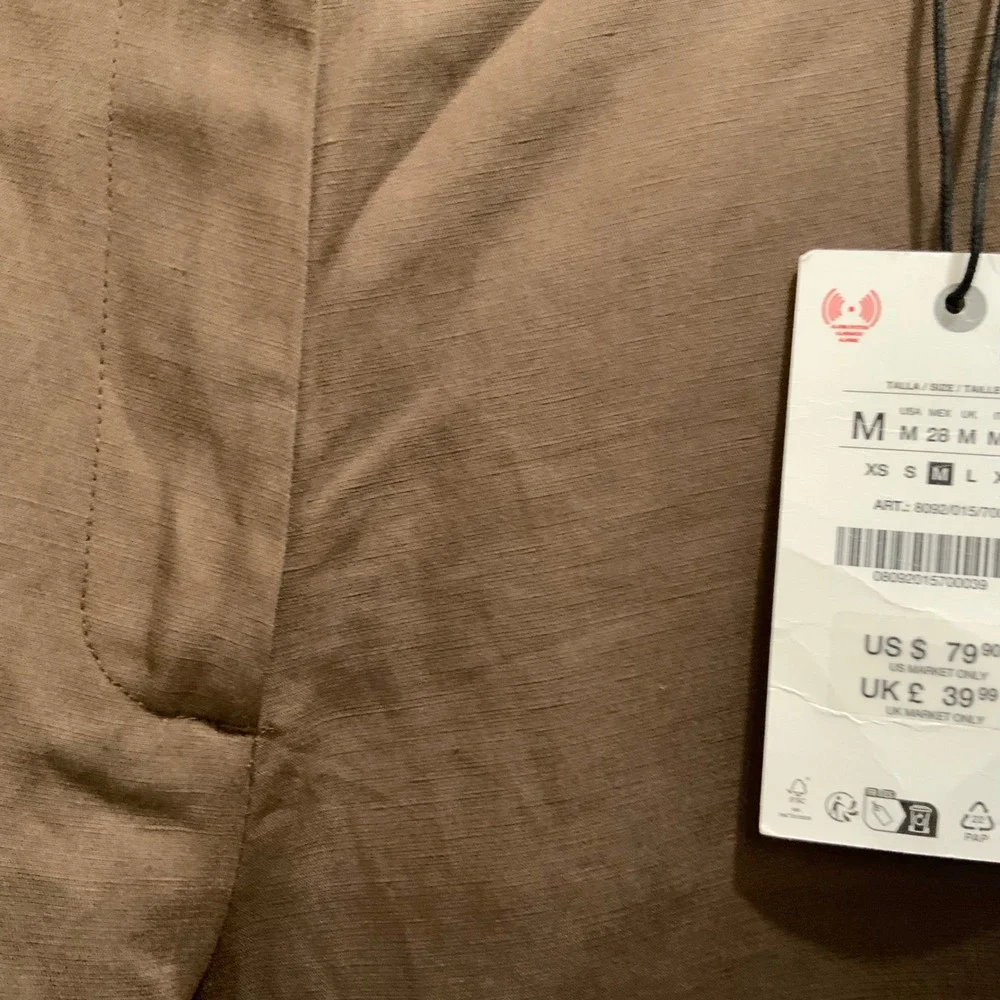 Zara Brown Cotton Linen High Waisted Side Slit Wide Leg Tulip Pants Size M NWT
